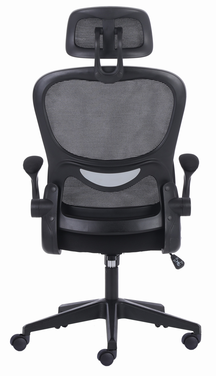 Rückansicht eines ergonomischen Drehstuhls mit Netzrückenlehne, Kopfstütze und Armlehnen.