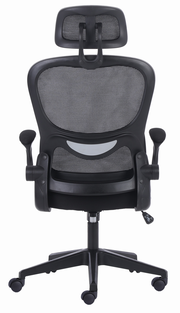 Rückansicht eines ergonomischen Drehstuhls mit Netzrückenlehne, Kopfstütze und Armlehnen.