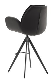 Rückansicht eines modernen Barstuhls mit schwarzem Lederbezug und vier schwarzen Metallbeinen.