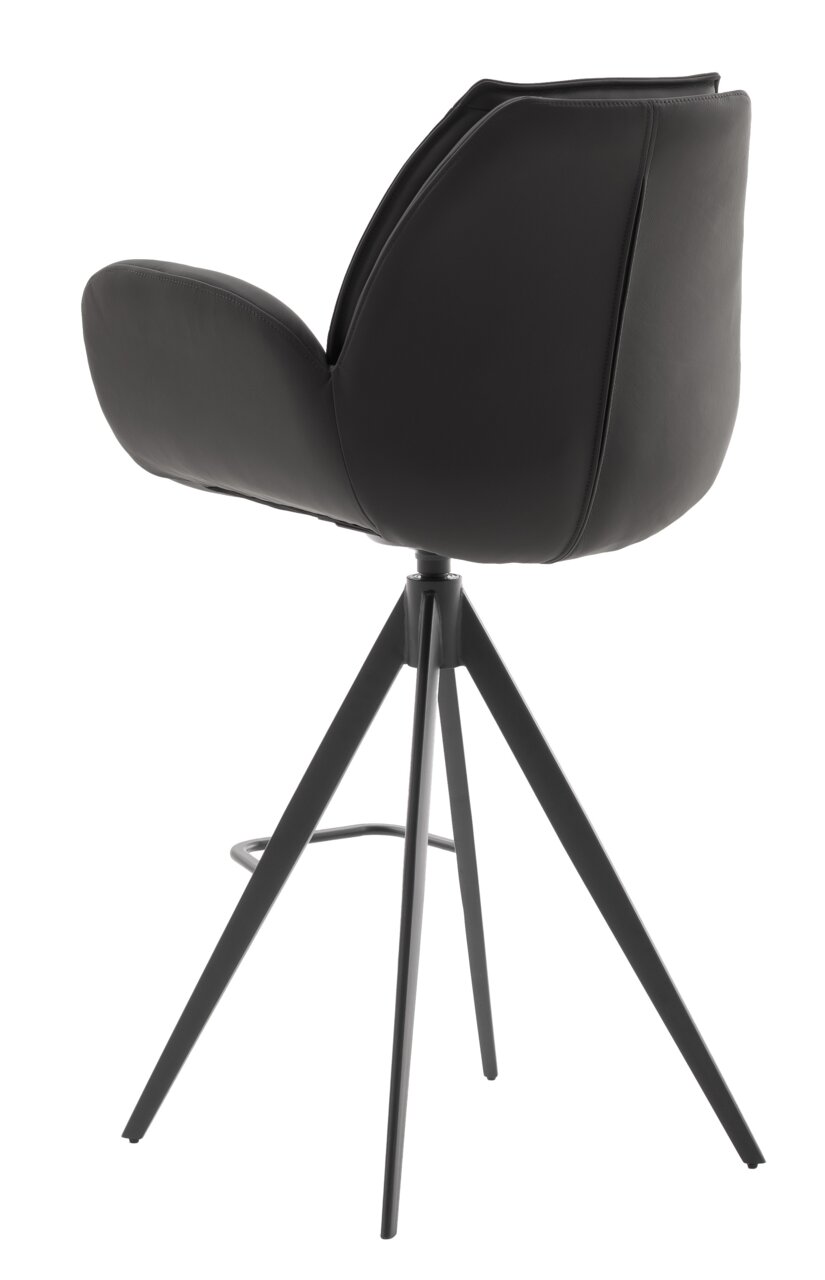 Rückansicht eines modernen Barstuhls mit schwarzem Lederbezug und vier schwarzen Metallbeinen.