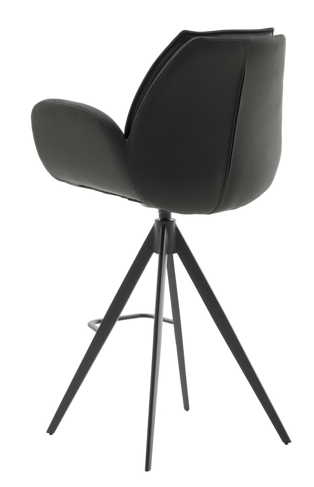 Rückansicht eines modernen Barstuhls mit schwarzem Lederbezug und vier schwarzen Metallbeinen.