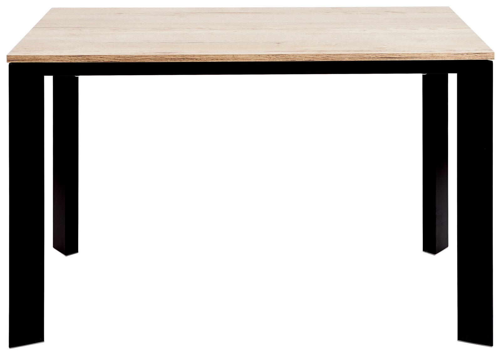 Moderner Esstisch mit heller Holzplatte und schwarzen Metallbeinen, Frontalansicht