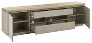 XL-TV-Lowboard mit offenen Schubladen und Türen, seitliche Perspektive
