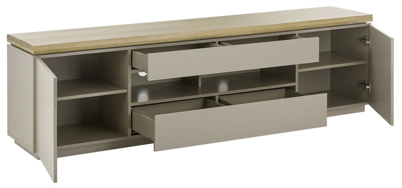XL-TV-Lowboard mit offenen Schubladen und Türen, seitliche Perspektive