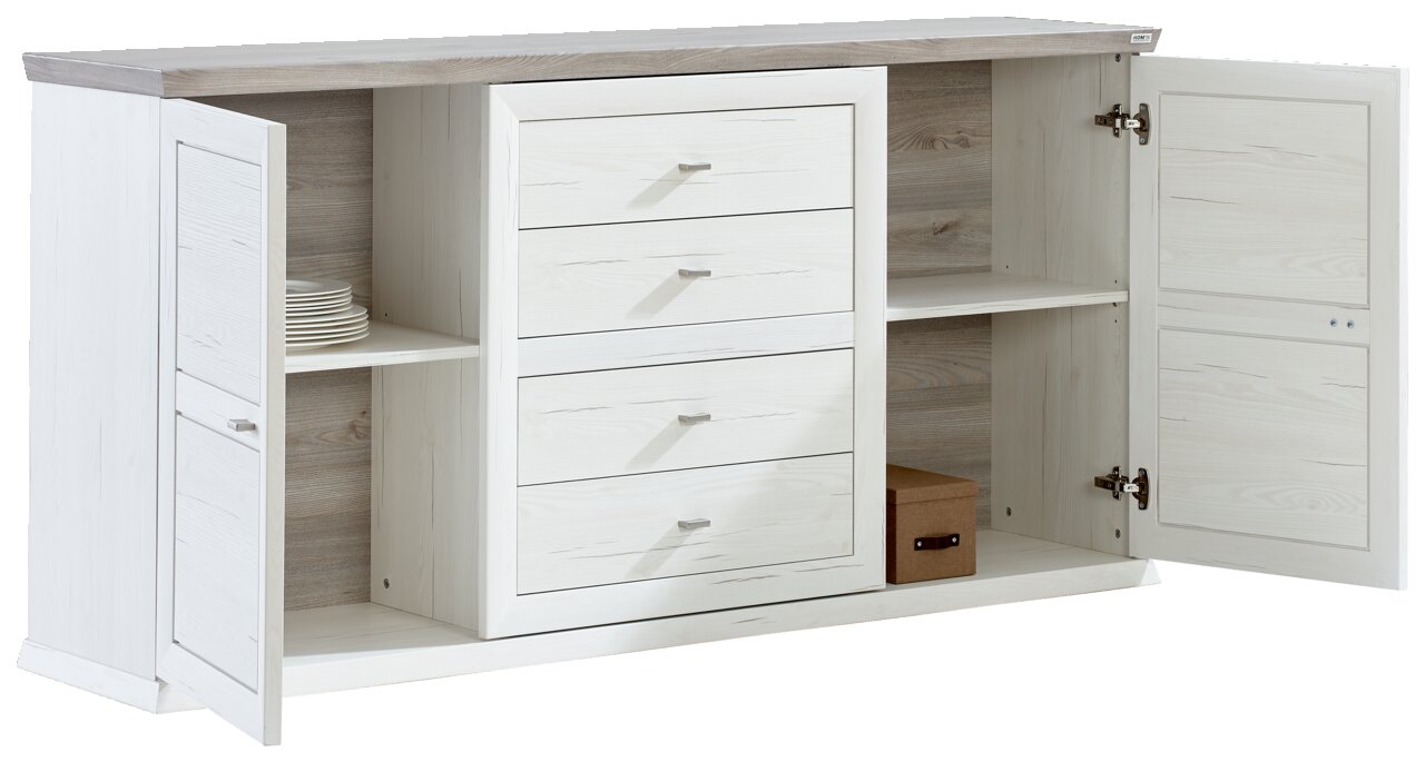 Weißes Sideboard mit zwei offenen Türen, vier Schubladen in der Mitte und Regalfächern, frontal betrachtet.