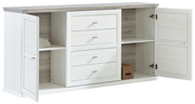 Weißes Sideboard mit zwei offenen Türen, vier Schubladen in der Mitte und Regalfächern, frontal betrachtet.