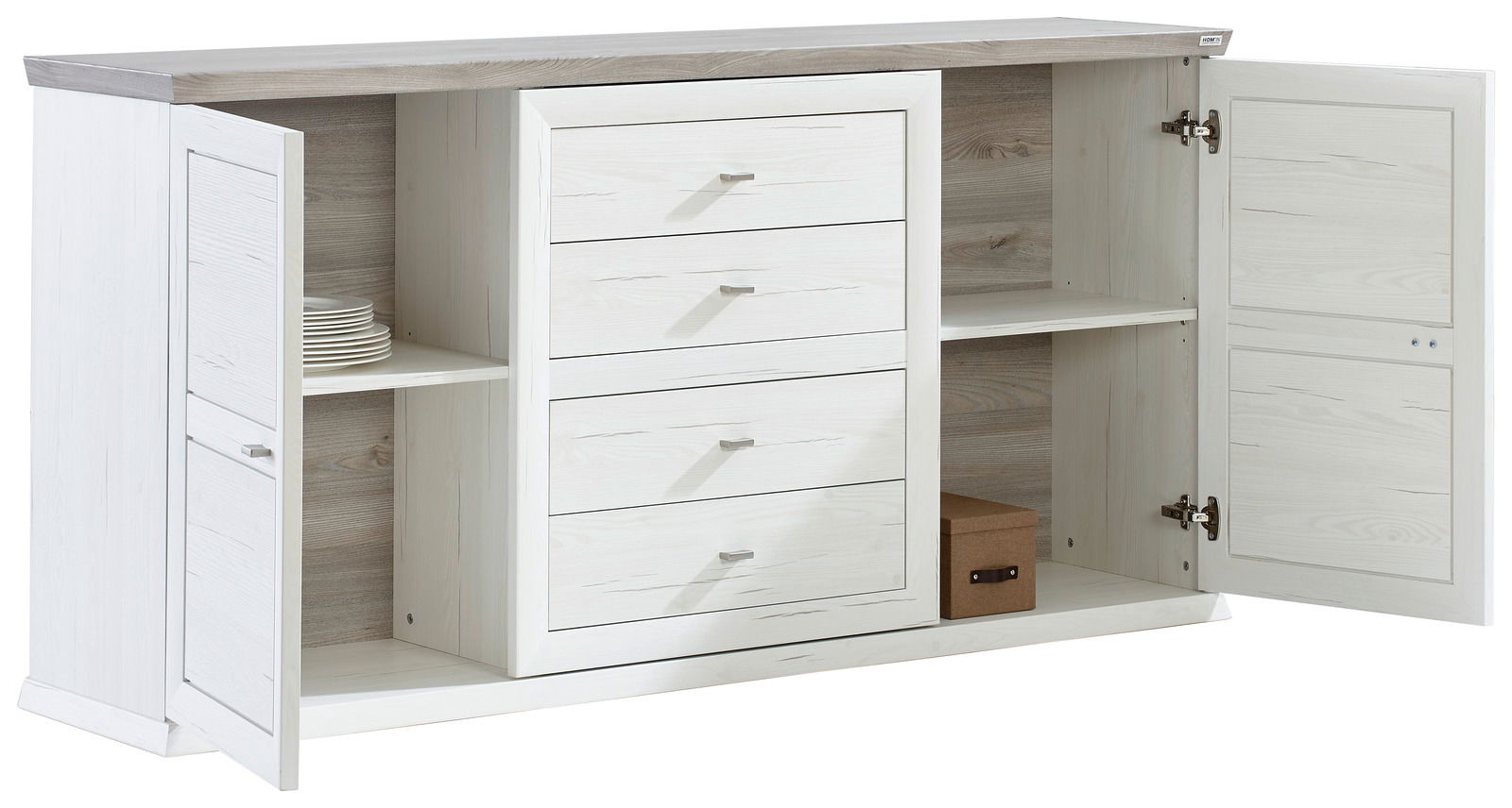 Weißes Sideboard mit zwei offenen Türen, vier Schubladen in der Mitte und Regalfächern, frontal betrachtet.
