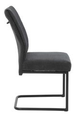 Seitenansicht eines modernen Schwingstuhls mit grauem, geripptem Stoffbezug und schwarzem Metallgestell.