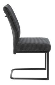 Seitenansicht eines modernen Schwingstuhls mit grauem, geripptem Stoffbezug und schwarzem Metallgestell.