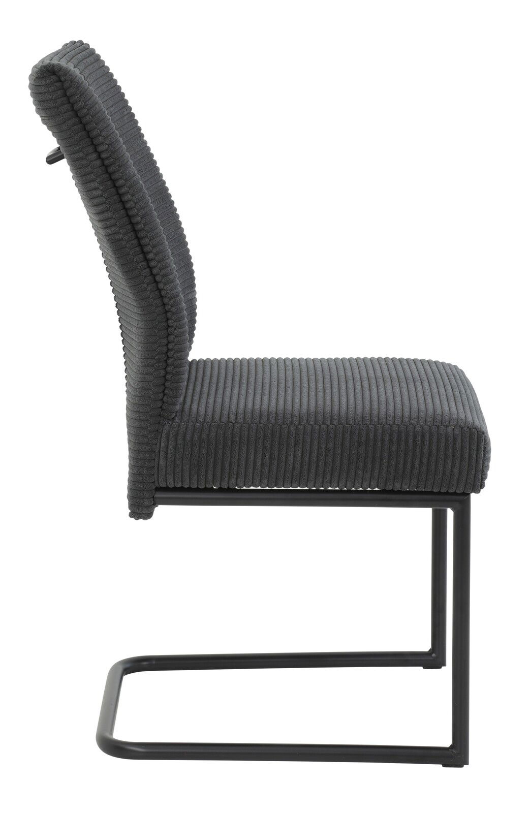 Seitenansicht eines modernen Schwingstuhls mit grauem, geripptem Stoffbezug und schwarzem Metallgestell.