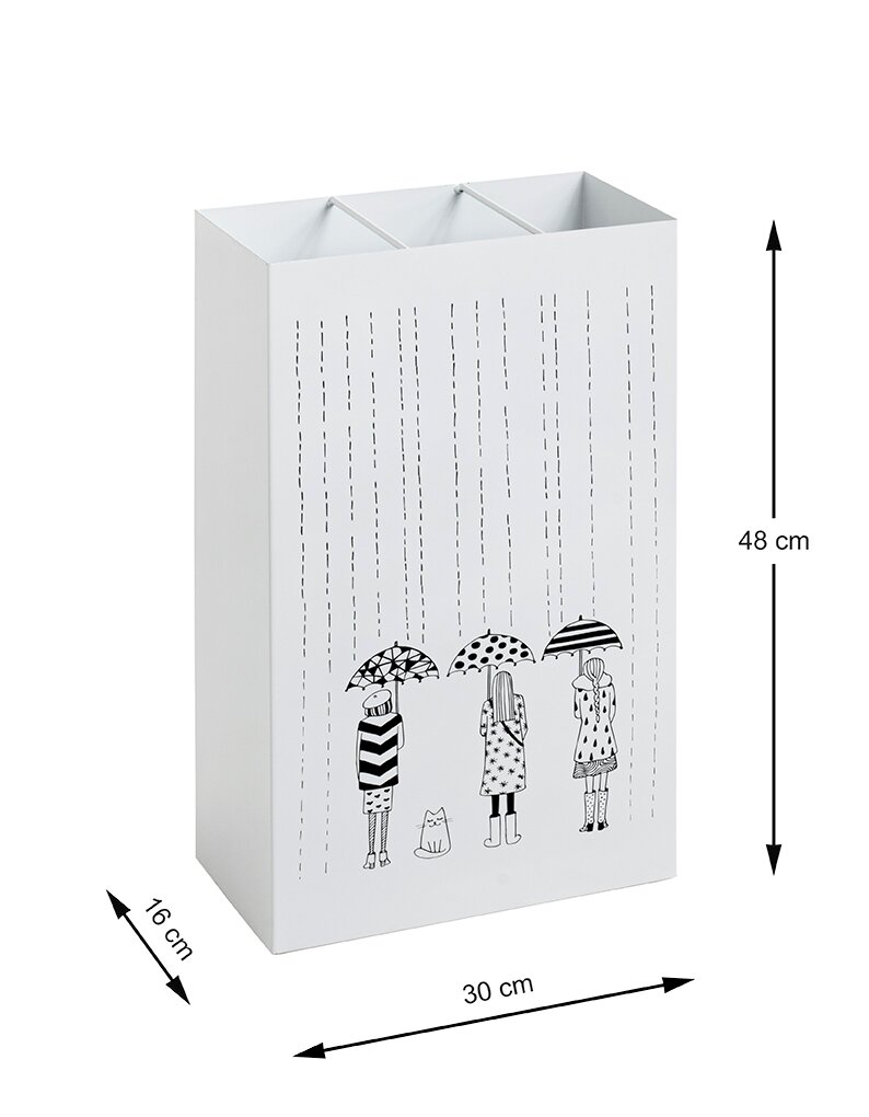 Weißer rechteckiger Aufbewahrungskorb/Box aus Karton mit Regenmotiv und Illustration von drei Kindern mit Regenschirmen (inkl. Katze) auf der Vorderseite; schräg von vorn links fotografiert, Maße ca. 48 x 30 x 16 cm.