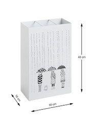 Weißer rechteckiger Aufbewahrungskorb/Box aus Karton mit Regenmotiv und Illustration von drei Kindern mit Regenschirmen (inkl. Katze) auf der Vorderseite; schräg von vorn links fotografiert, Maße ca. 48 x 30 x 16 cm.