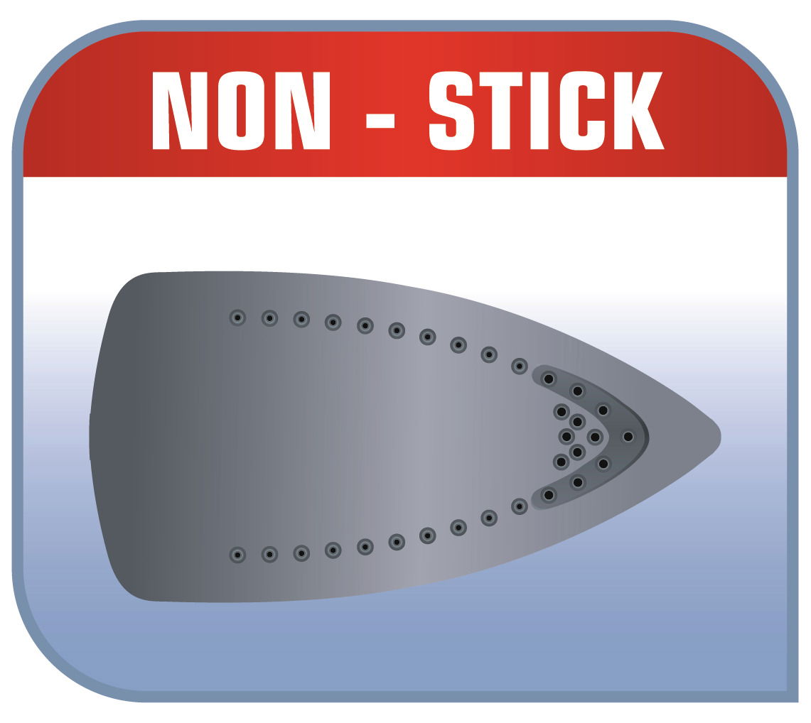 Blick von oben auf die Antihaft-Bügelsohle eines Dampfbügeleisens mit mehreren Dampfaustrittsöffnungen.