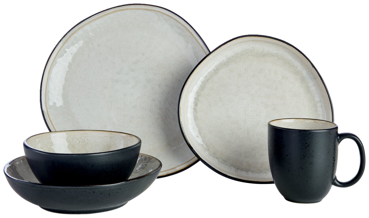 Kombiservice 10-teilig in moderner, zweifarbiger Optik mit Tellern, Schalen und Tasse, seitliche Perspektive