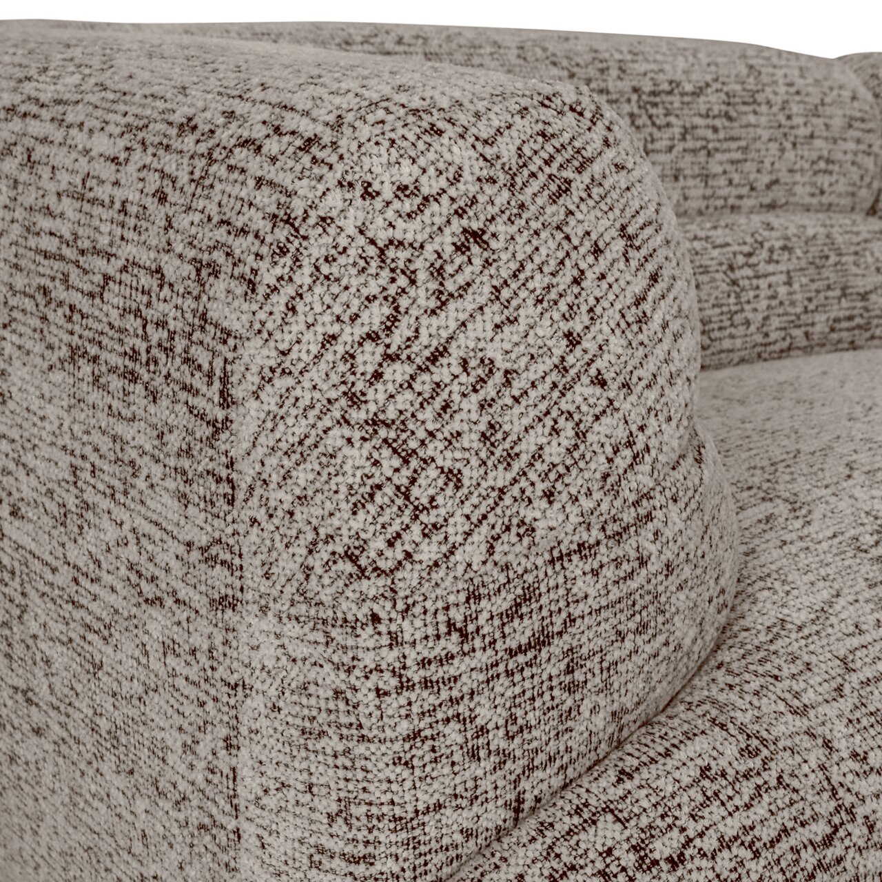 Close-up van een hoek van een megabank met een gestructureerde stoffen bekleding in beige- en bruintinten.
