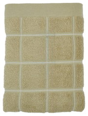 Beige badstofhanddoek met ruitjespatroon, gezien van bovenaf