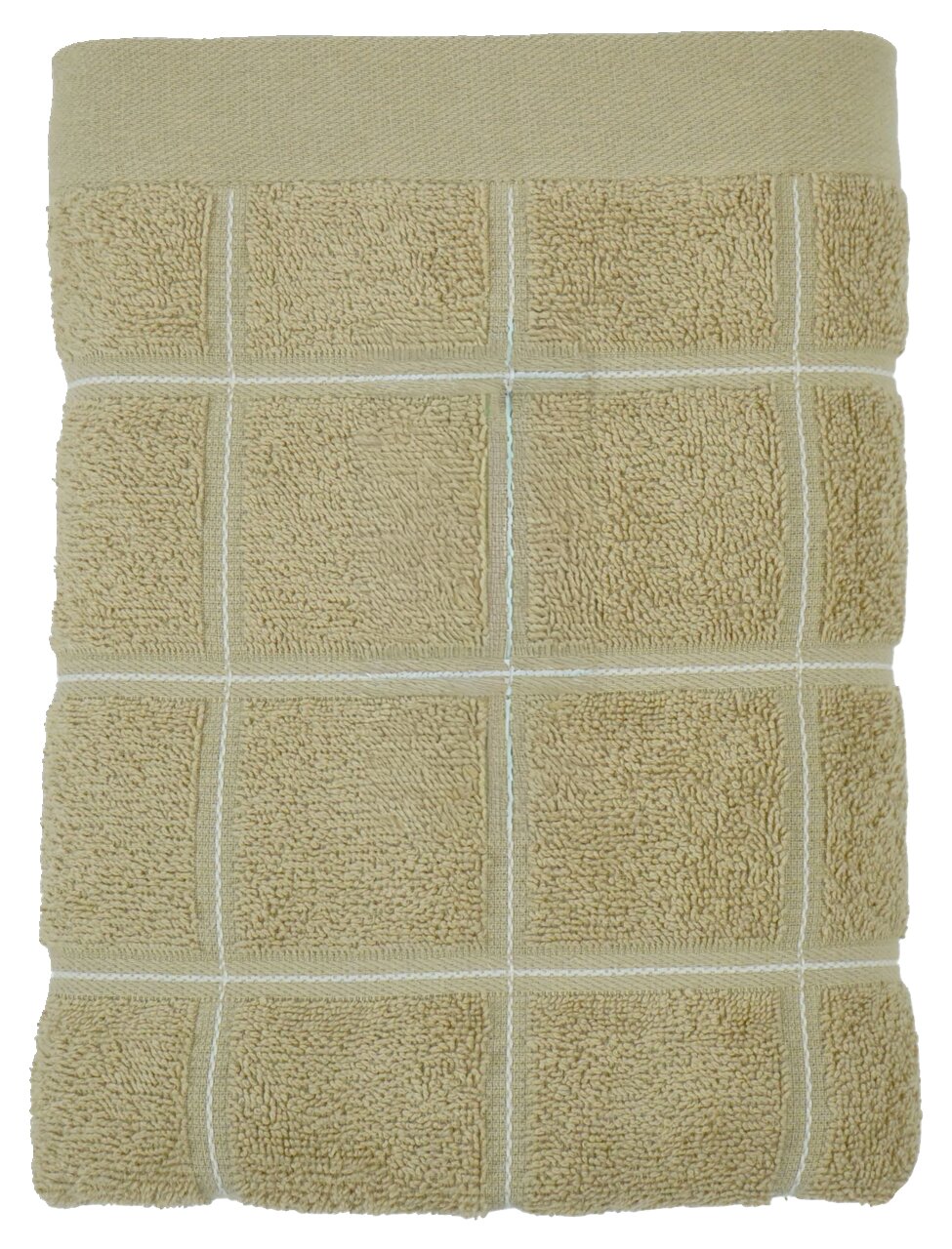 Beige badstofhanddoek met ruitjespatroon, gezien van bovenaf