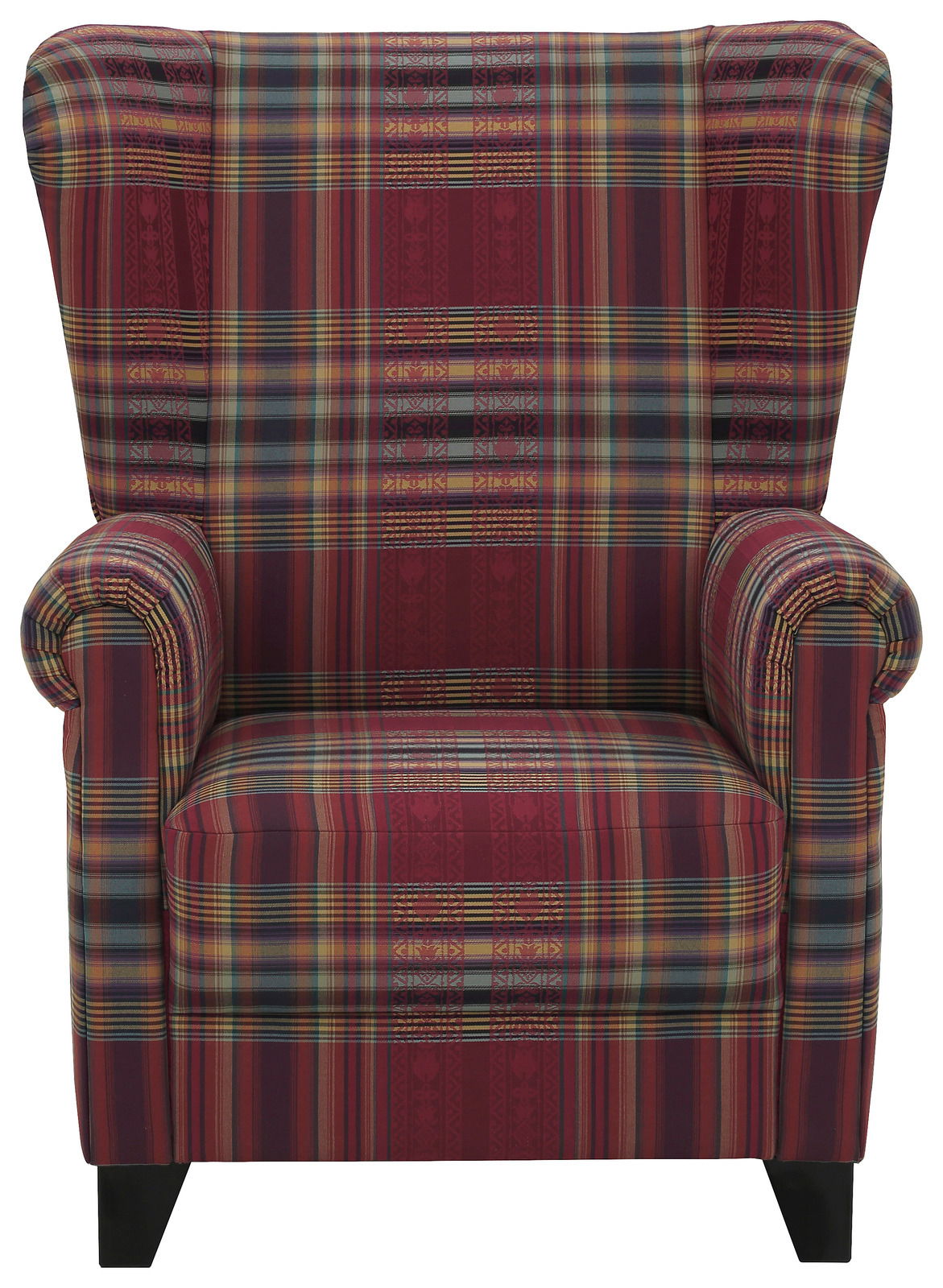 Ohrensessel mit rot-kariertem Muster, Frontalansicht