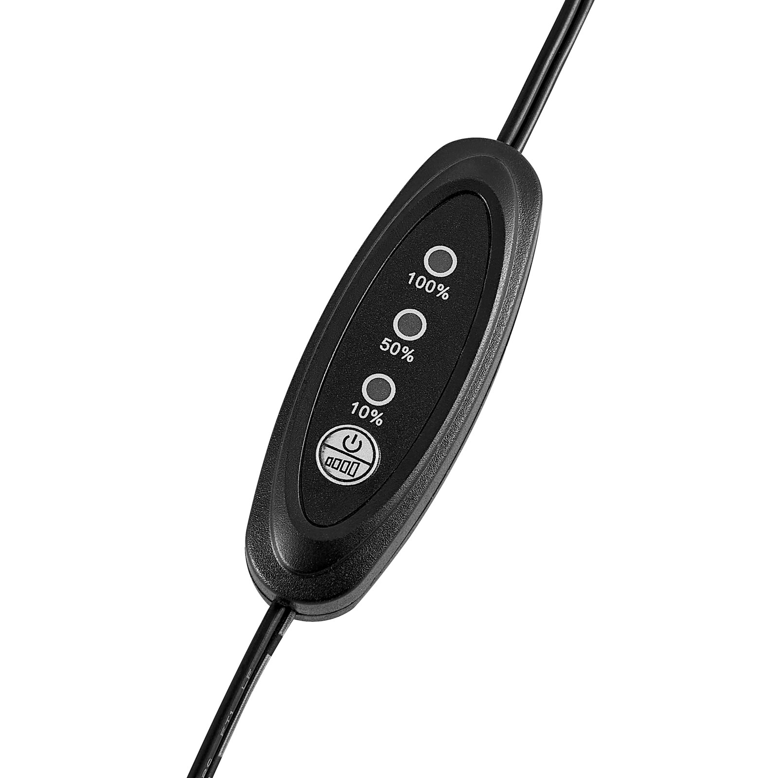 Schwarzer Inline-Kabelschalter/Dimmer mit drei Helligkeitsstufen (10 %, 50 %, 100 %) und Ein-/Aus-Taste, schräg von oben in Nahaufnahme auf weißem Hintergrund