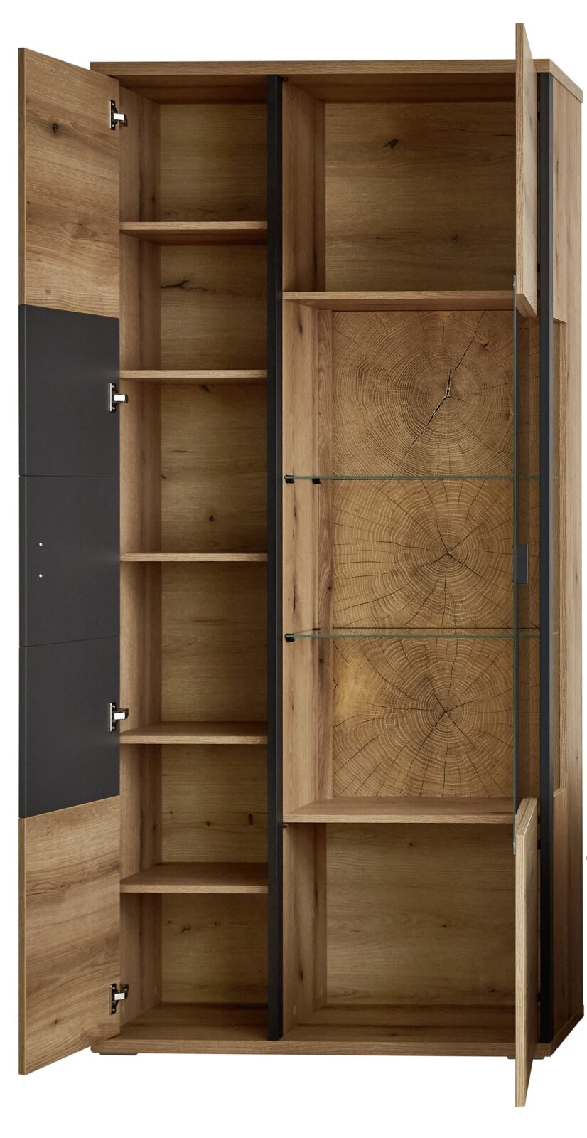 Geöffneter hoher Holzschrank/Vitrine in Eichenoptik mit schwarzer Tür, Glaseinlegeböden und mehreren Fächern, Frontansicht