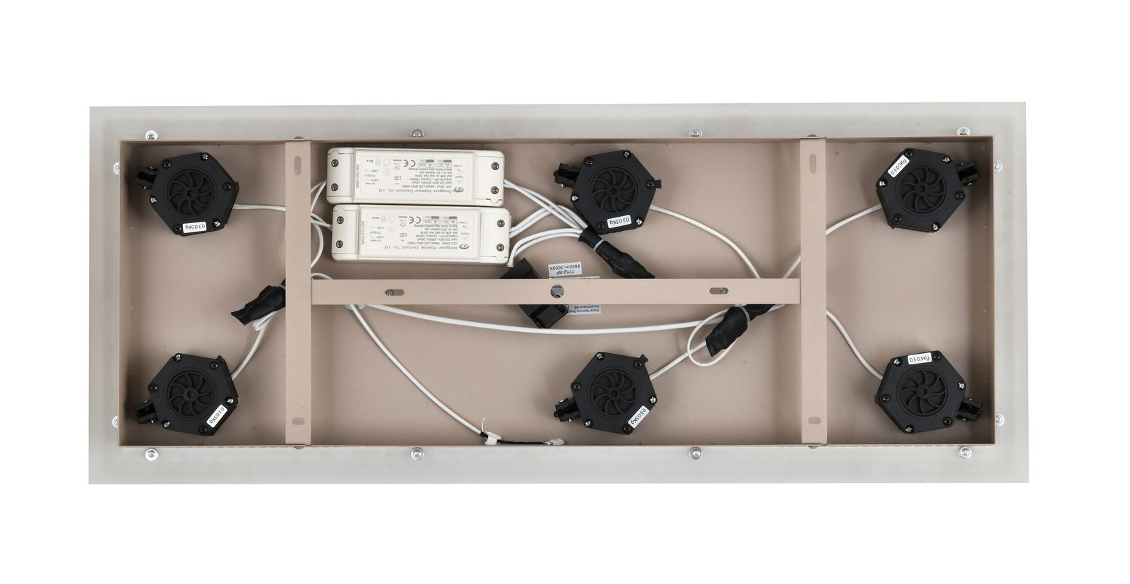 Rückansicht einer LED-Pendelleuchte mit sichtbaren Kabeln und elektrischen Komponenten.