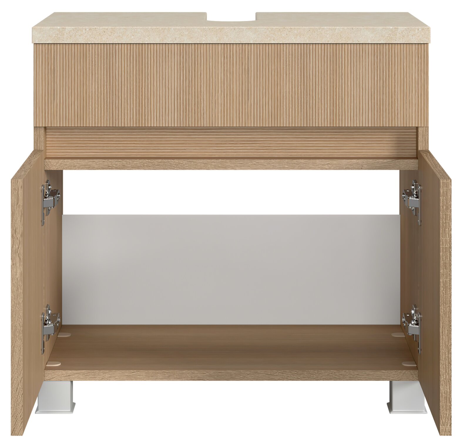 Vooraanzicht van een open houten wastafelonderkast met twee deuren en een uitsparing voor de wastafel.
