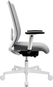 Ergonomischer Bürodrehstuhl mit grauem Sitzpolster, weißem Gestell, Netzrückenlehne und Armlehnen auf Rollenfußkreuz, Seitenansicht (linke Seite) vor weißem Hintergrund