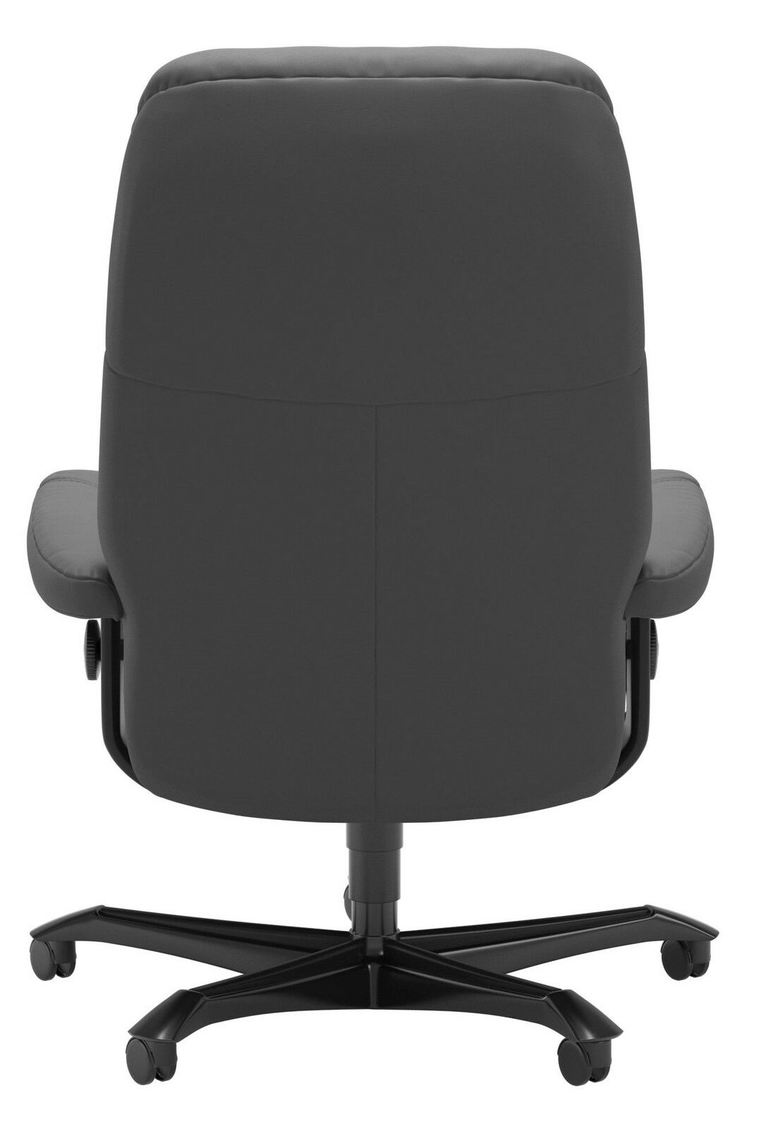 Rückansicht eines schwarzen Chefsessels mit Rollen und gepolsterter Rückenlehne.