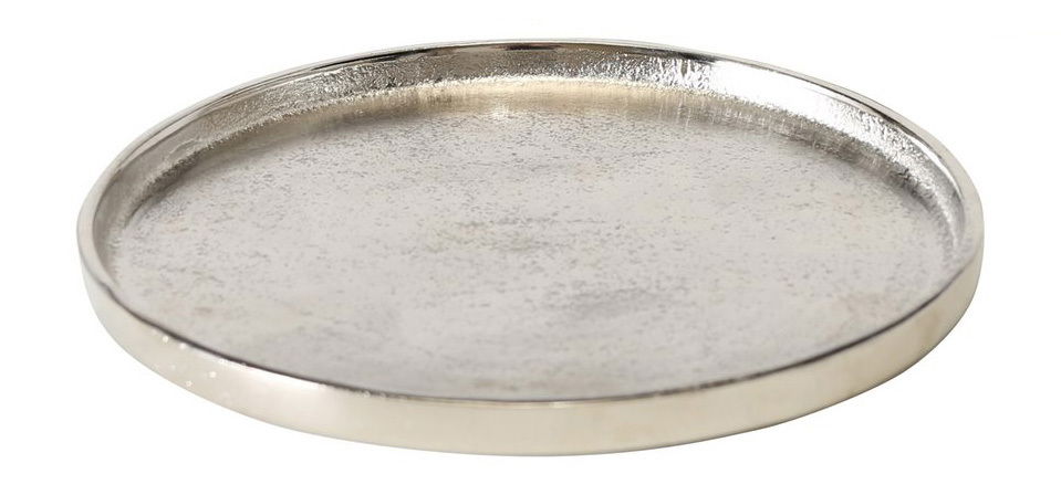Silberner Dekoteller Valomi, 18 cm Durchmesser, aus seitlicher Perspektive fotografiert.