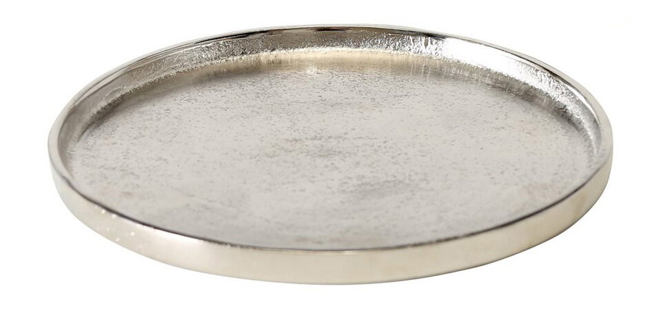 Silberner Dekoteller Valomi, 18 cm Durchmesser, aus seitlicher Perspektive fotografiert.