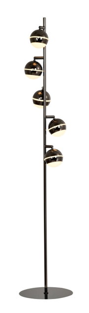 Vrijstaand afgebeelde moderne zwarte vloerlamp met vijf glanzende bolvormige lichtkappen en ronde voet, gezien vanuit licht schuin vooraanzicht.