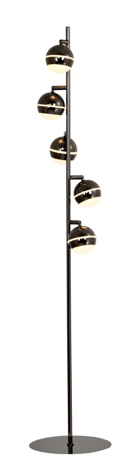 Vrijstaand afgebeelde moderne zwarte vloerlamp met vijf glanzende bolvormige lichtkappen en ronde voet, gezien vanuit licht schuin vooraanzicht.
