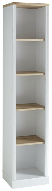 Weißes Regal mit fünf offenen Holzfächern, frontal betrachtet.