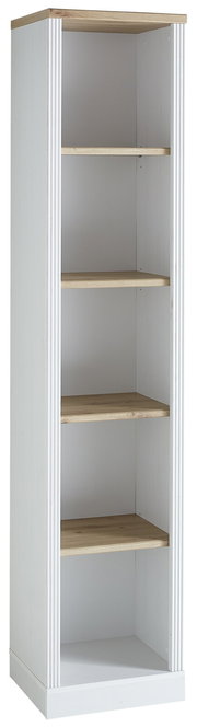 Weißes Regal mit fünf offenen Holzfächern, frontal betrachtet.