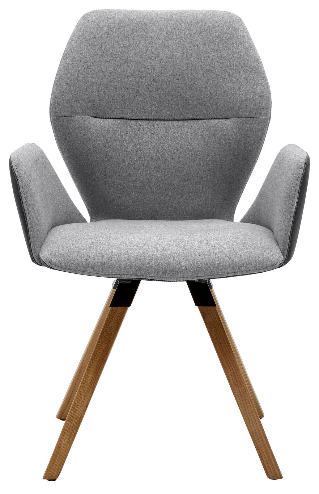 Grauer Armlehnenstuhl mit Holzbeinen, Frontalansicht