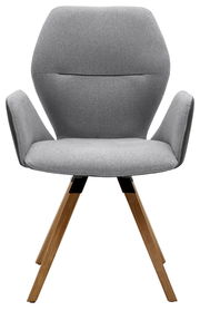 Grauer Armlehnenstuhl mit Holzbeinen, Frontalansicht