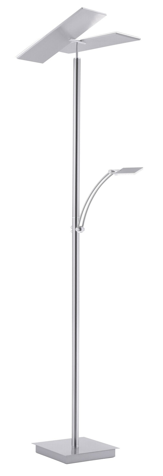 Moderne LED-Stehleuchte in silberner Farbe mit zwei rechteckigen Leuchtelementen, seitliche Perspektive.