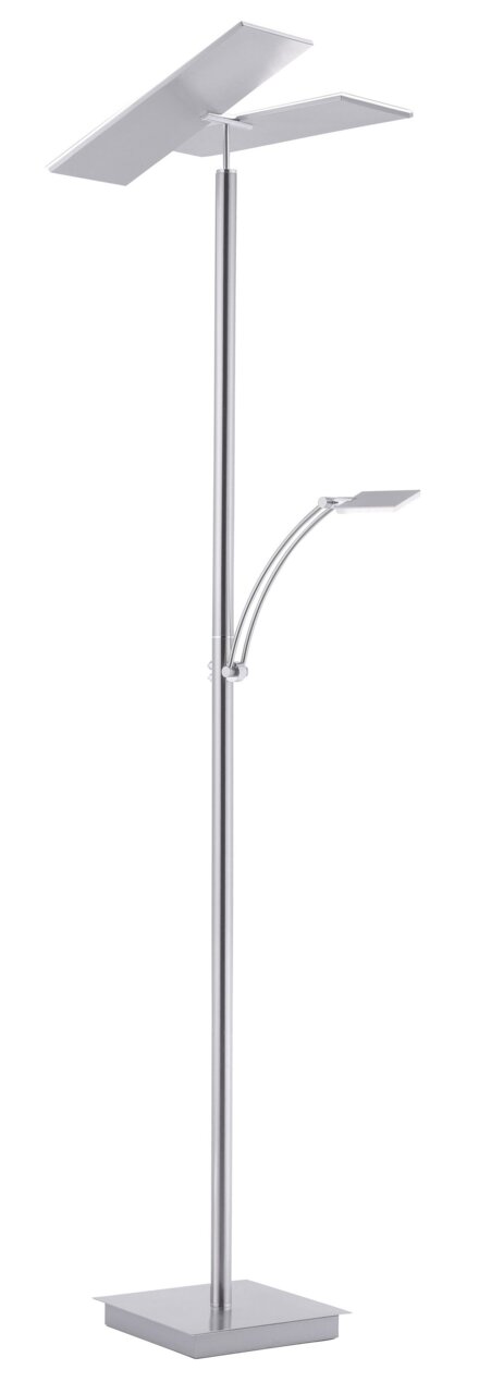 Moderne LED-Stehleuchte in silberner Farbe mit zwei rechteckigen Leuchtelementen, seitliche Perspektive.