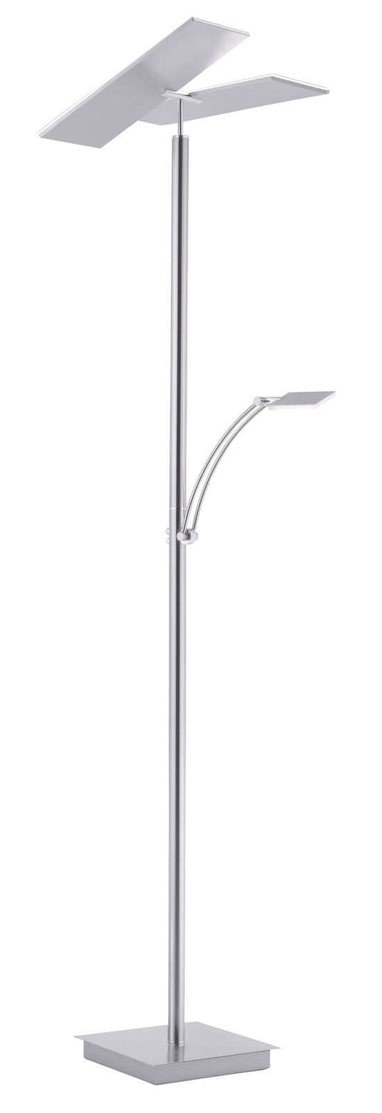 Moderne LED-Stehleuchte in silberner Farbe mit zwei rechteckigen Leuchtelementen, seitliche Perspektive.