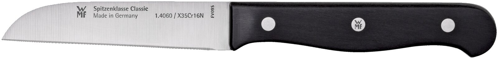 WMF Spitzenklasse Classic Küchenmesser mit Edelstahlklinge und schwarzem Griff, Seitenansicht von der Klinge und Griff im Profil