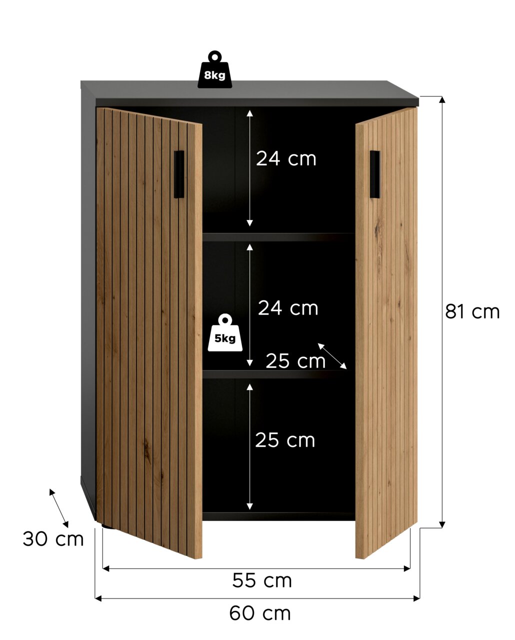Geöffneter Badezimmer- oder Aufbewahrungsschrank in Anthrazit mit zwei geriffelten Holztüren und schwarzen Griffen, Innenfächer mit Maßangaben (Höhe 81 cm, Breite 60 cm, Tiefe 30 cm), Frontansicht leicht schräg von oben