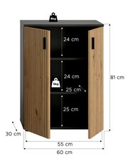 Geöffneter Badezimmer- oder Aufbewahrungsschrank in Anthrazit mit zwei geriffelten Holztüren und schwarzen Griffen, Innenfächer mit Maßangaben (Höhe 81 cm, Breite 60 cm, Tiefe 30 cm), Frontansicht leicht schräg von oben