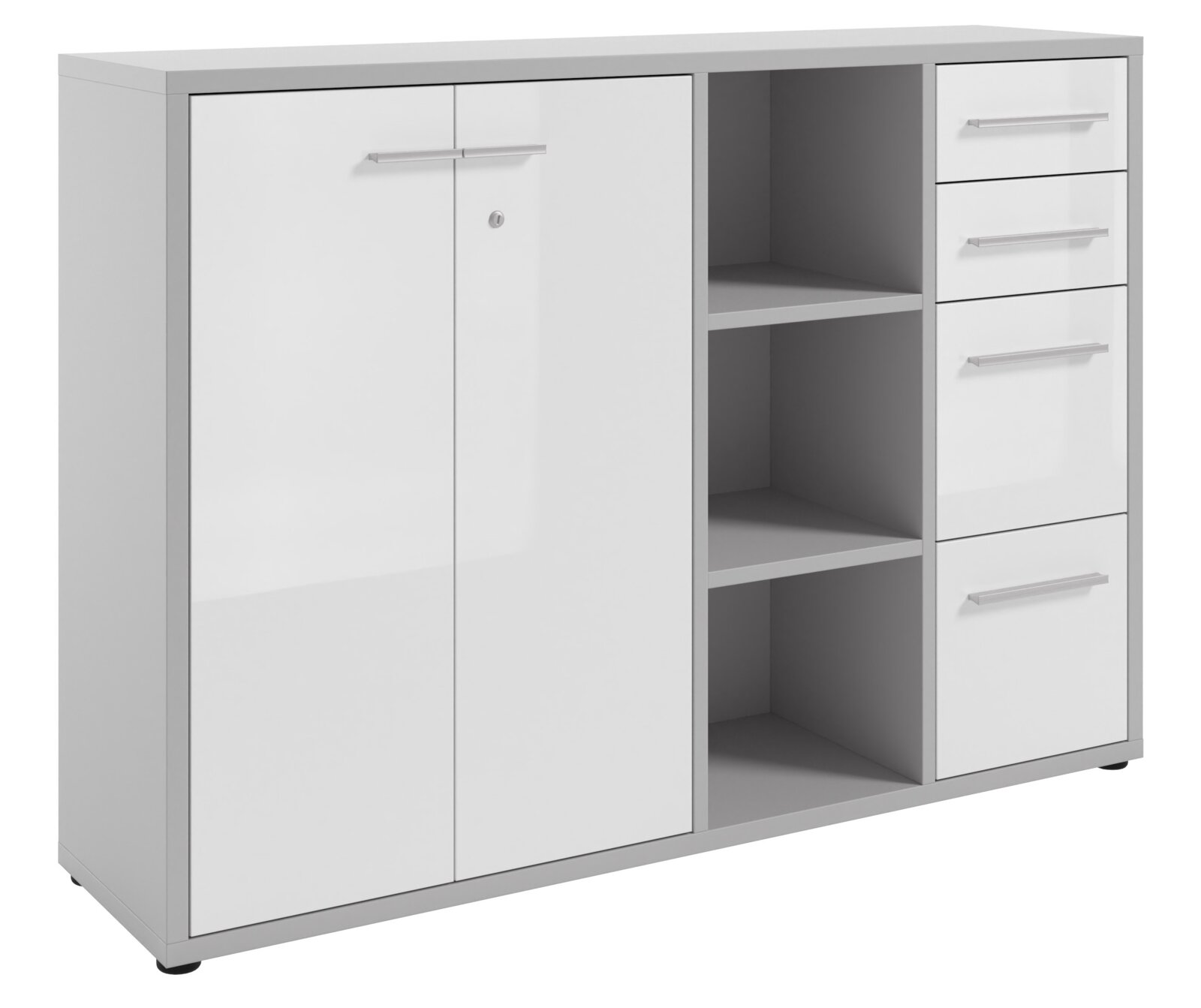 Moderner weißer Aktenschrank mit zwei Türen, offenen Regalfächern und Schubladen, seitliche Perspektive