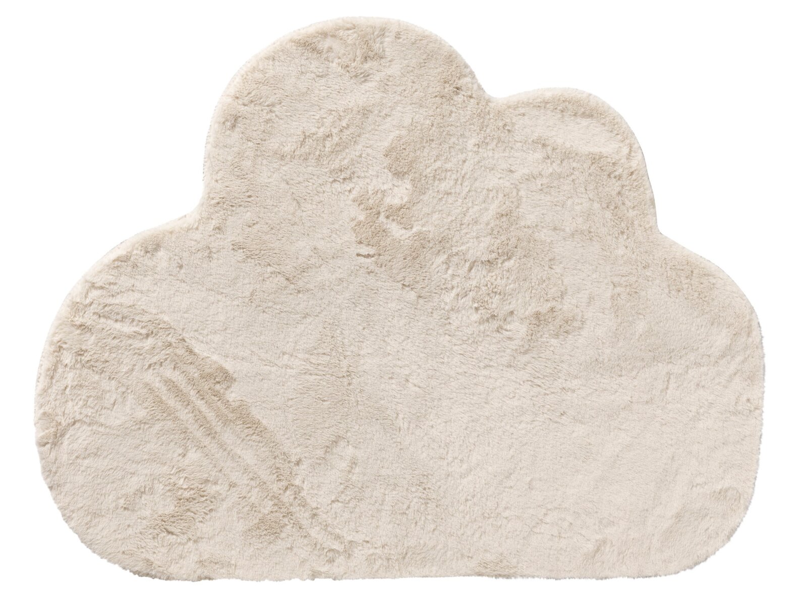 Weißer, wolkenförmiger Teppich aus flauschigem Material, von oben betrachtet.