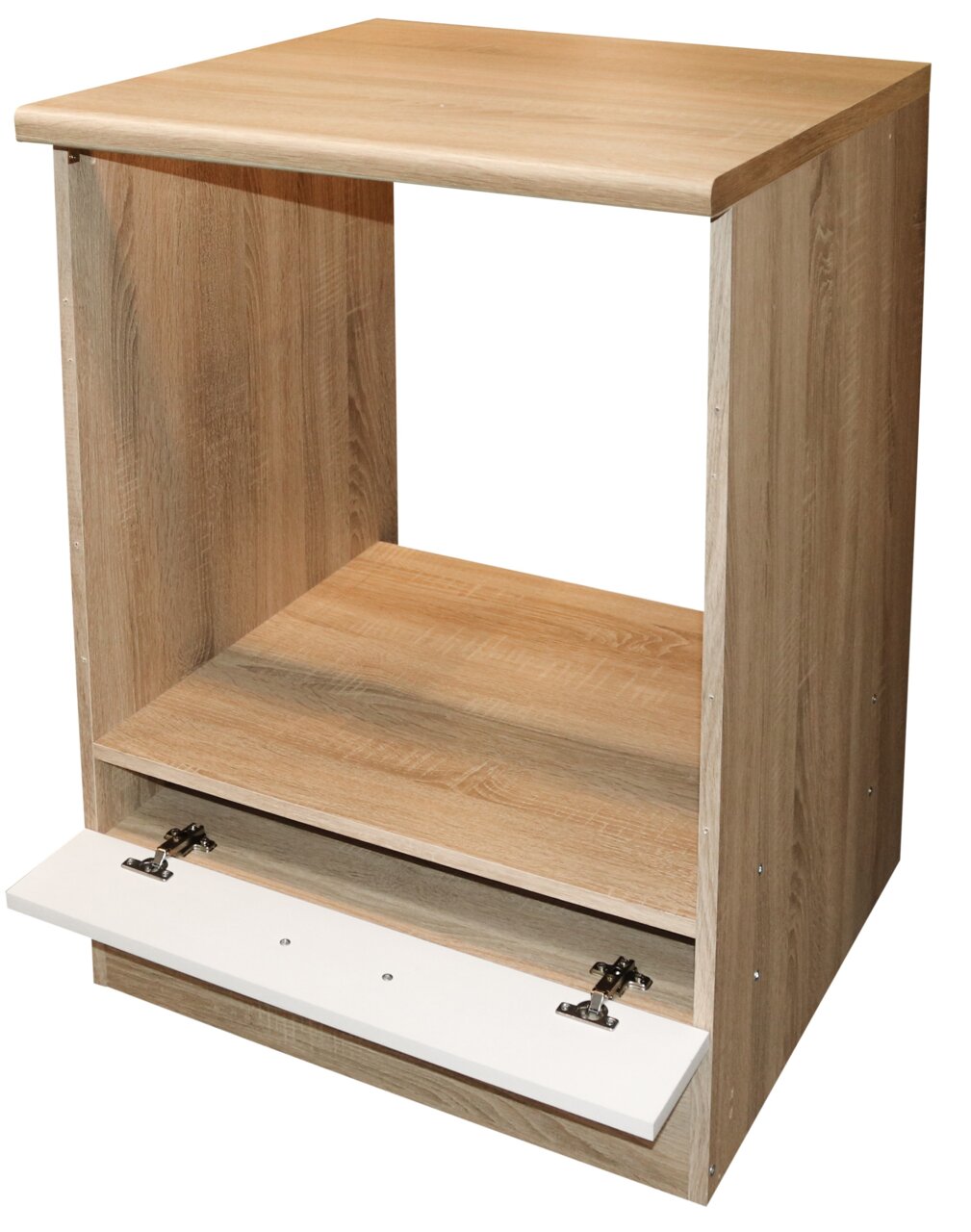 Herdumbauschrank aus Holz in Frontansicht mit offener Klappe unten