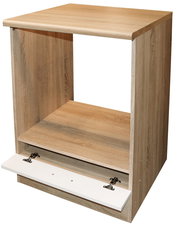 Herdumbauschrank aus Holz in Frontansicht mit offener Klappe unten