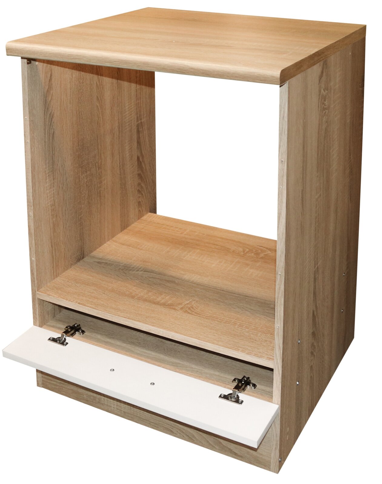 Houten keukenkast in vooraanzicht met een open klep onderaan