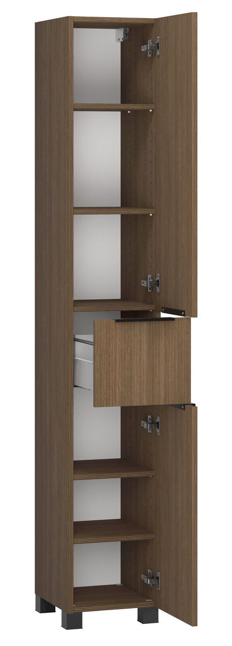 Hochschrank aus Holz mit mehreren offenen Türen und Schubladen, seitliche Perspektive