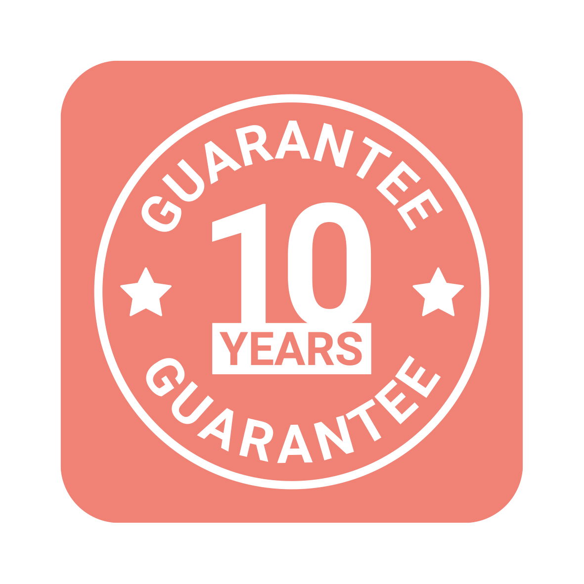 Rundes Garantie-Siegel mit der Aufschrift '10 Years Guarantee' auf einem orangefarbenen Hintergrund, frontal betrachtet.
