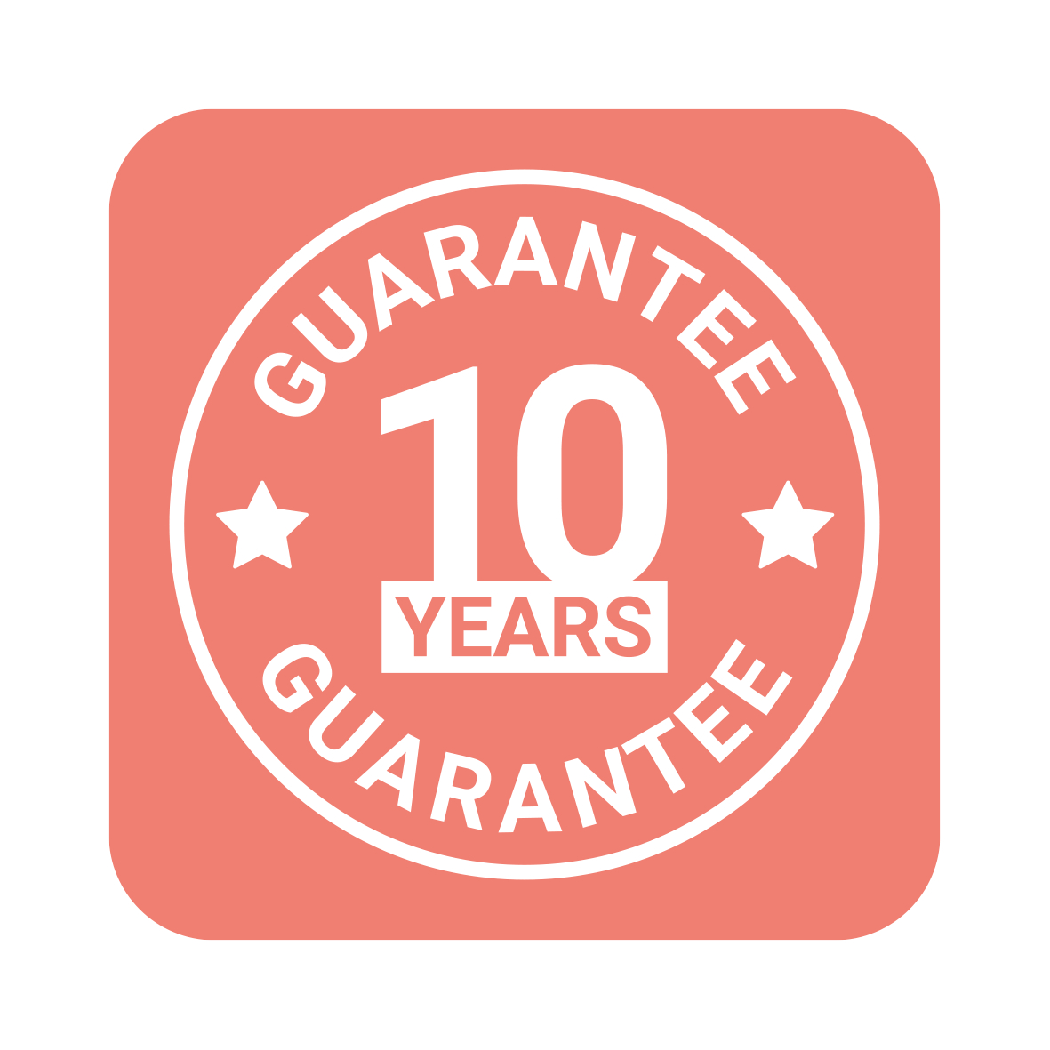 Rundes Garantie-Siegel mit der Aufschrift '10 Years Guarantee' auf einem orangefarbenen Hintergrund, frontal betrachtet.